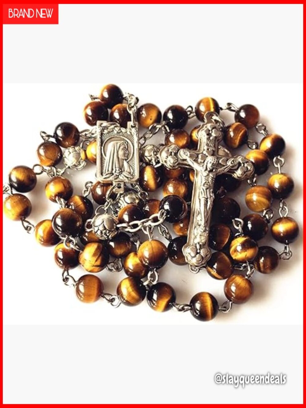 Tiger Eye Silver Rosary Necklace Crucifix Catholic Cross Bead